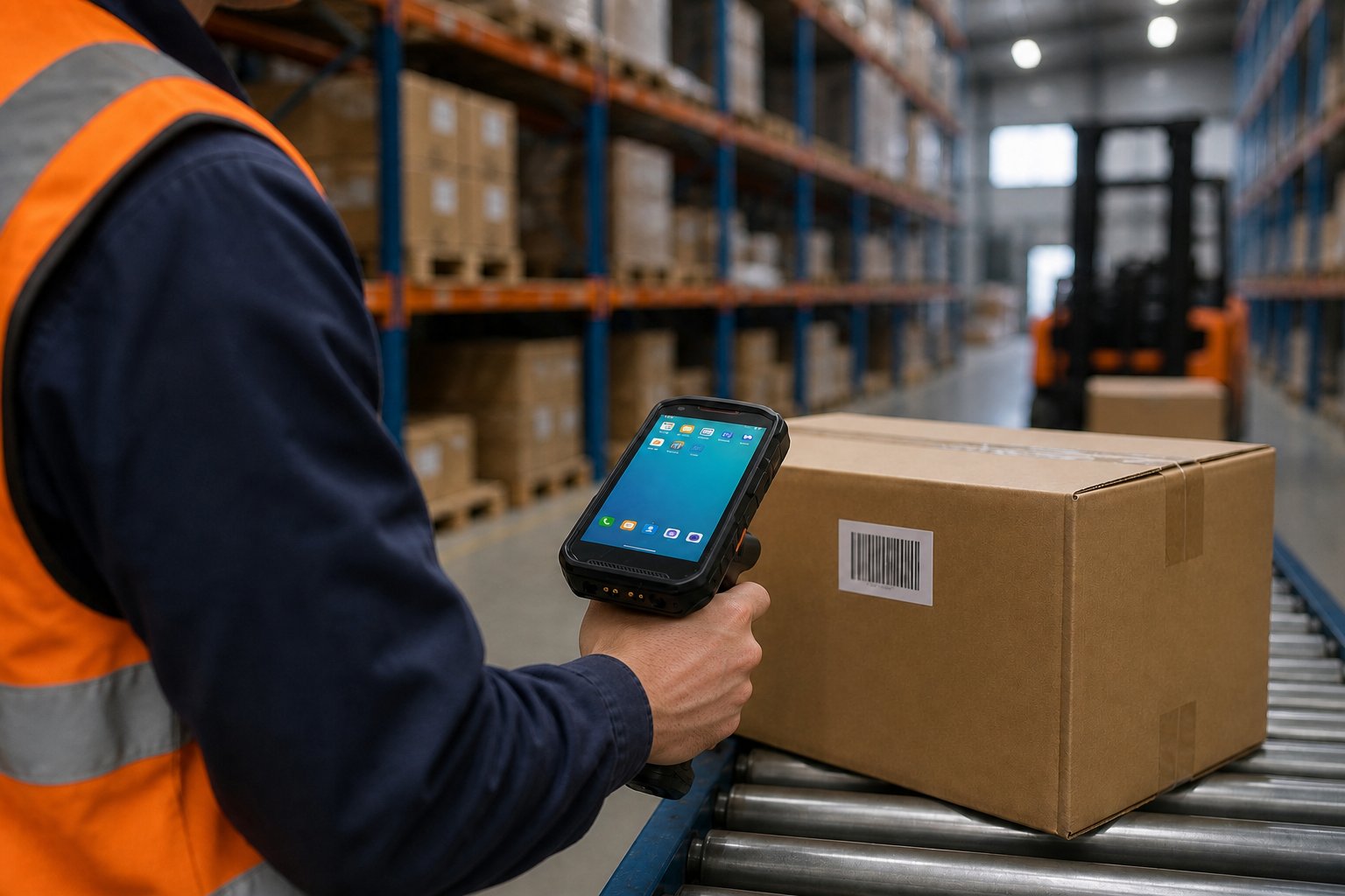 Warehouse worker scanning stock with the F505 rugged handheld terminal 